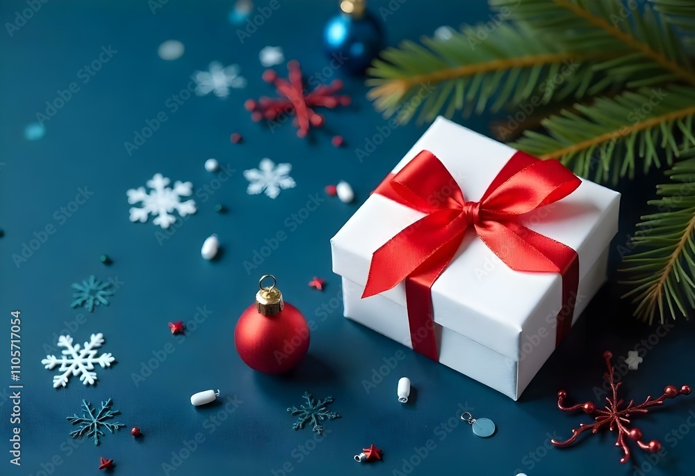 A white gift box with a red ribbon, surrounded by Christmas ornaments, pine branches ,and snowflakes on a dark blue background A white gift box with a red ribbon, surrounded by Christmas ornaments, pine branches ,and snowflakes on a dark blue background