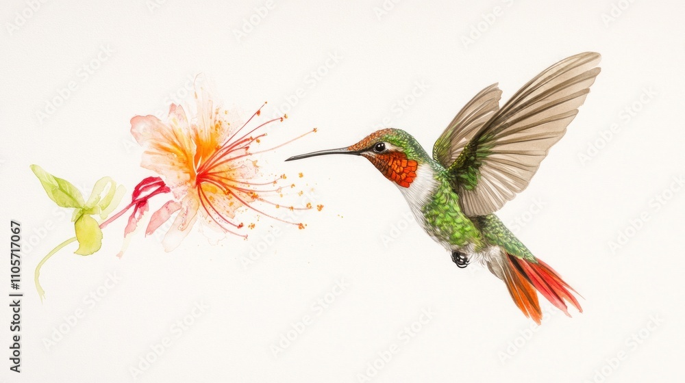 Obraz premium Colorful Hummingbird in Flight Near Vibrant Flower, Illustrating Beauty of Nature, Wildlife and Pollination, Perfect for Art and Educational Purposes