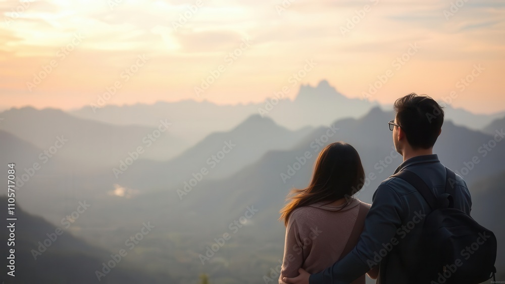 Loving Asian couple enjoying a peaceful winter holiday in the mountains of Thailand, admiring the serene morning landscapes, Asian, peaceful, couple Loving Asian couple enjoying a peaceful winter holiday in the mountains of Thailand, admiring the serene morning landscapes, Asian, peaceful, couple