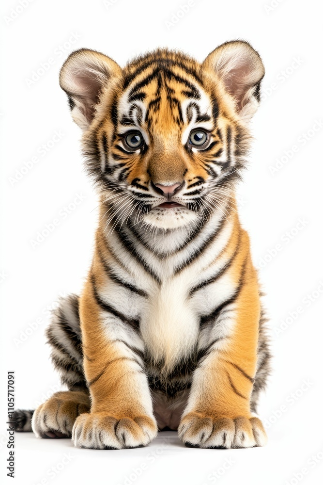 Fototapeta premium Adorable striped cub sitting, white background.