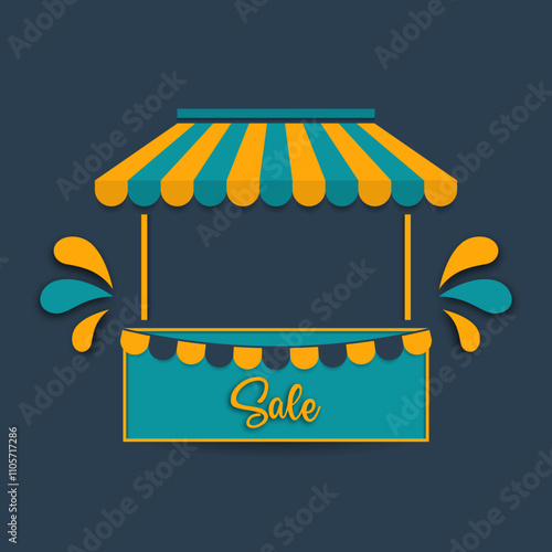 Illustration of a mobile market stall with colorful awning and offer sign