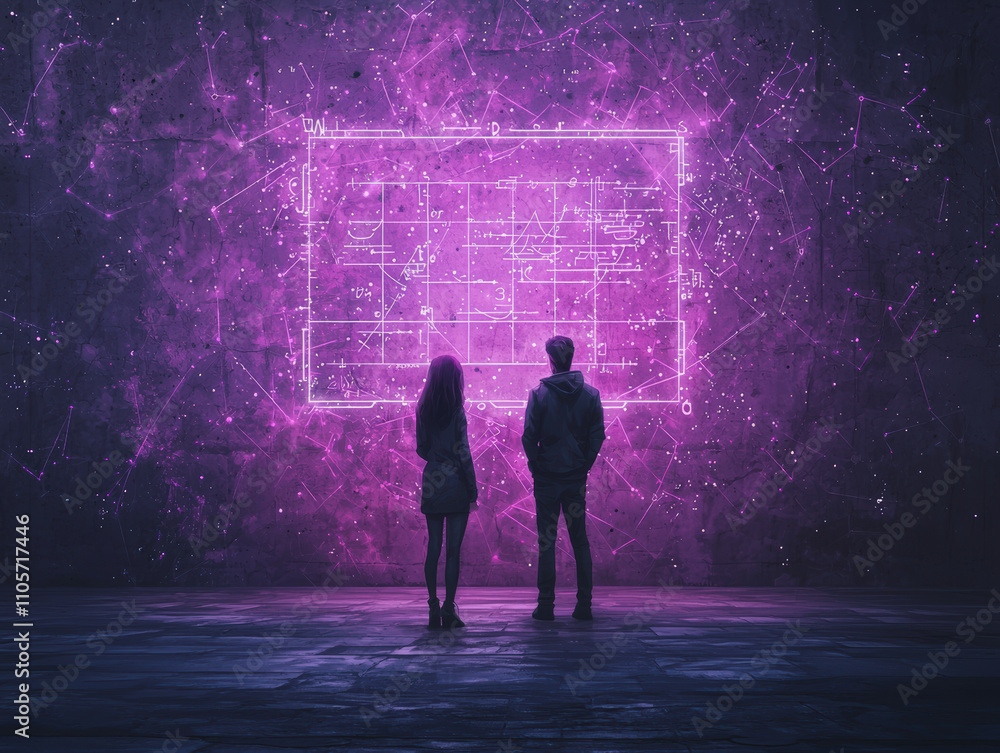 couple gazes at glowing holographic blueprint on wall, surrounded by cosmic atmosphere. scene evokes sense of wonder and connection couple gazes at glowing holographic blueprint on wall, surrounded by cosmic atmosphere. scene evokes sense of wonder and connection