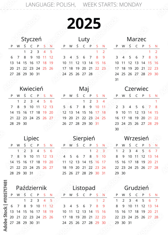 2025 year polish calendar. Printable vector illustration for Poland 2025 year polish calendar. Printable vector illustration for Poland