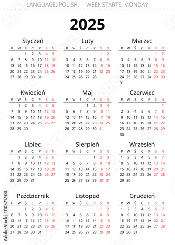 2025 year polish calendar. Printable vector illustration for Poland