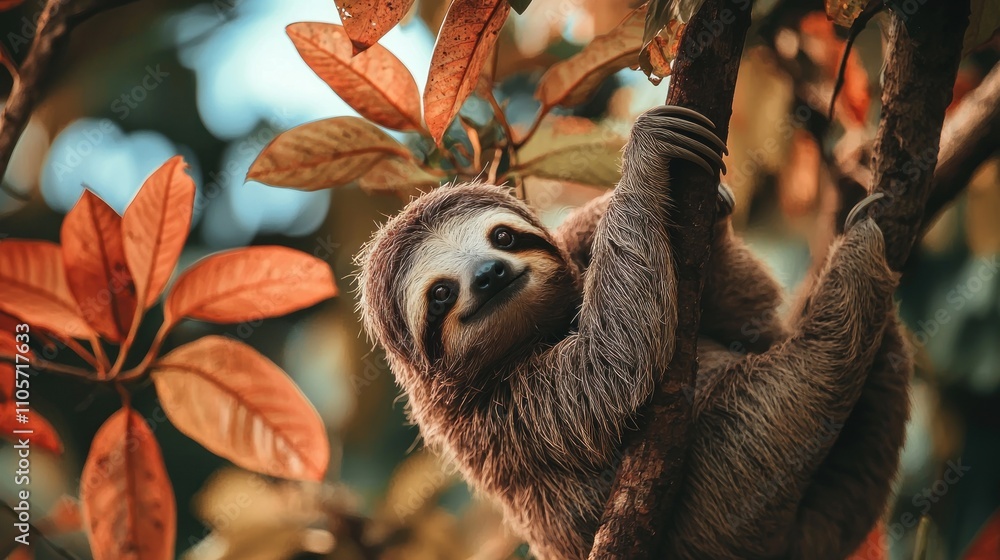 Fototapeta premium A cute animal, like a sloth, hanging from a tree branch, embodying a laid-back lifestyle.