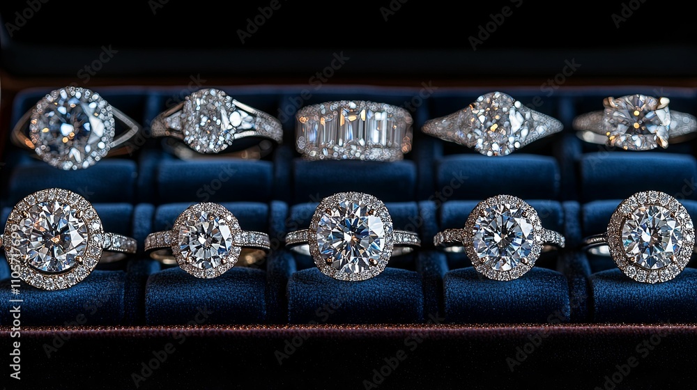 Ten Diamond Engagement Rings In A Blue Velvet Box Ten Diamond Engagement Rings In A Blue Velvet Box