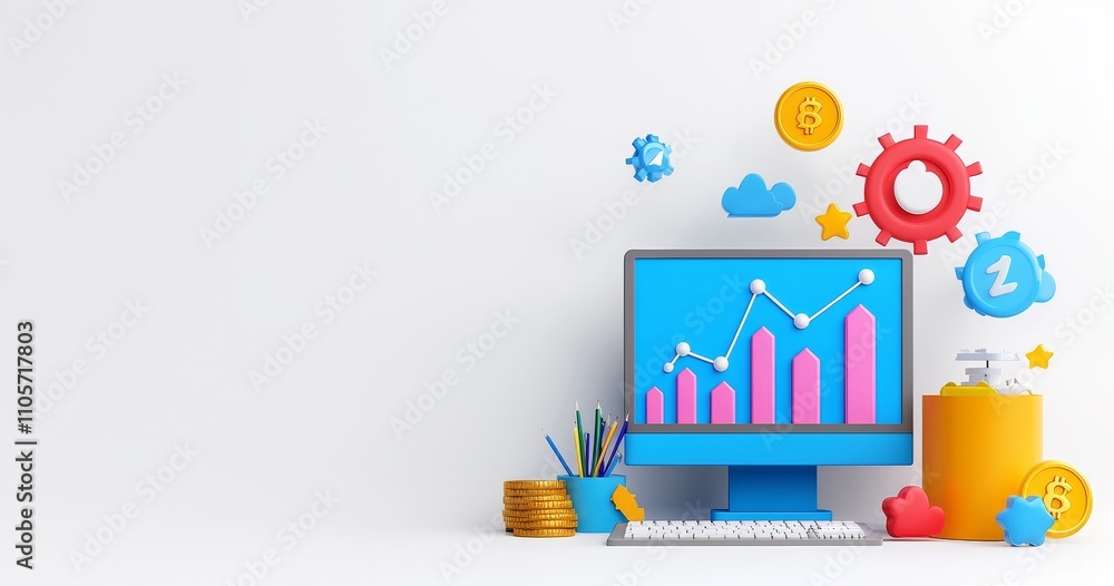 AI technology for digital marketing, sales analytics, and business strategy. Automated system stock concept with a computer equipped with robotic arms and infographics, depicted in a 3D render AI technology for digital marketing, sales analytics, and business strategy. Automated system stock concept with a computer equipped with robotic arms and infographics, depicted in a 3D render