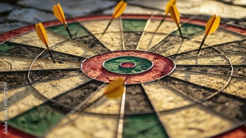 A dartboard with darts scattered around, missing the bullseye, symbolizing unachieved goals. photo