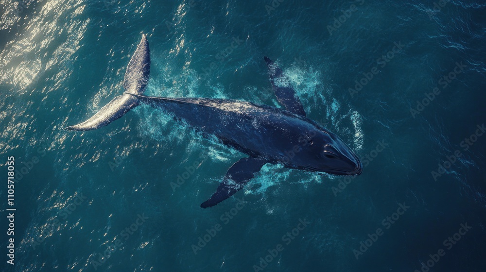 Fototapeta premium Majestic Blue Whale Swimming Gracefully Through Deep Blue Ocean Waters, Showcasing Its Large Body and Powerful Tail Beneath Sunlit Waves
