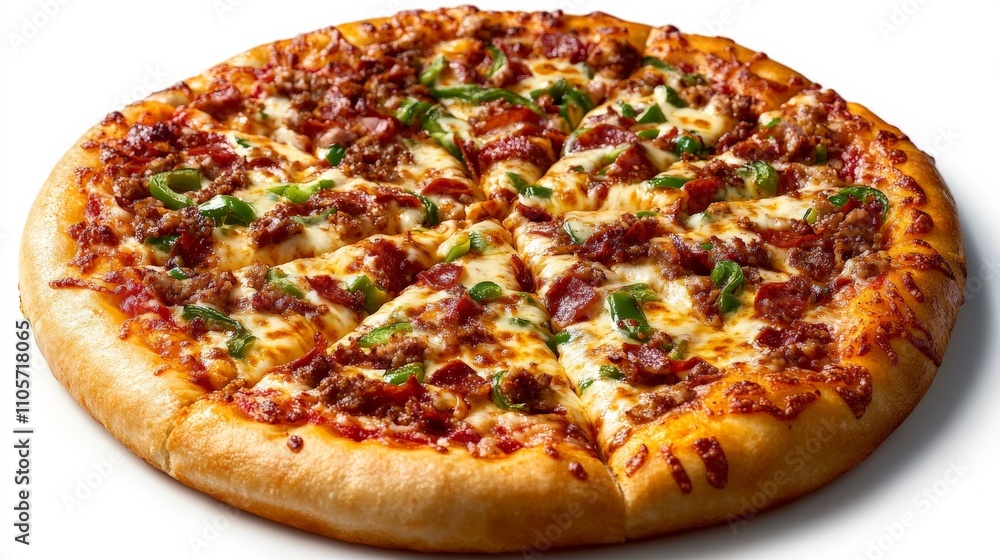 A full vegetarian pizza with golden cheese and perfectly spread toppings, isolated on a white background, A full vegetarian pizza with golden cheese and perfectly spread toppings, isolated on a white background,