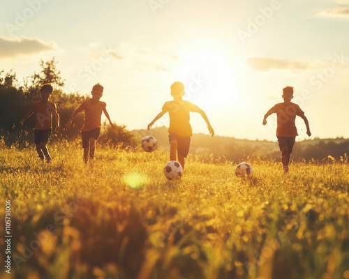 Family playing soccer in sunny field, active bonding, joyful natural light