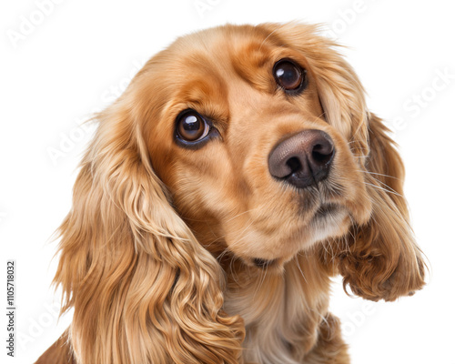 Cocker spaniel portrait looking at camera isolated on white background. Cocker spaniel headshot on white photo