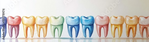 Illustrate a vast perspective on Dental Hygiene. Colorful dental teeth models in a row, showcasing different shapes and sizes, ideal for educational or dental marketing purposes.