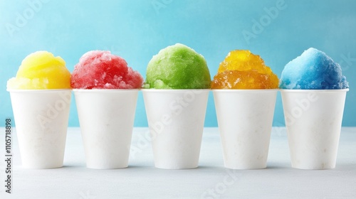 Colorful snow cones in white cups against a light backdrop, showcasing vibrant flavors ideal for summer treats.