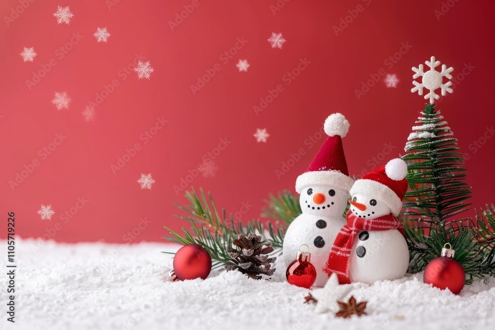 Festive minimalist Christmas scene with a couple of snowmen, a pine tree, and ornaments set against a vivid red background Festive minimalist Christmas scene with a couple of snowmen, a pine tree, and ornaments set against a vivid red background