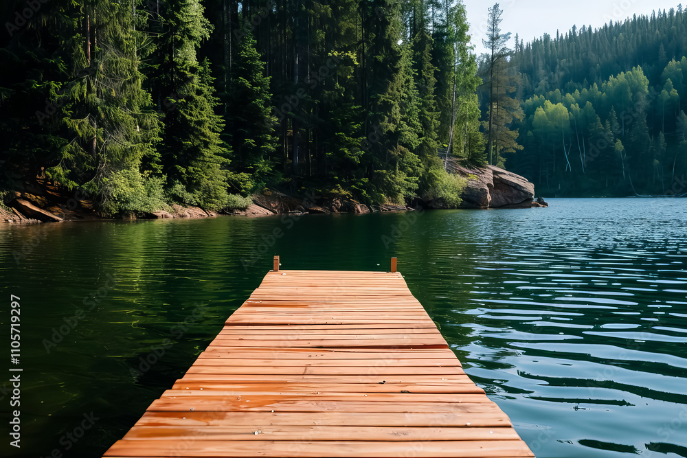 Obraz premium A wooden dock sits on a lake, with trees in the background