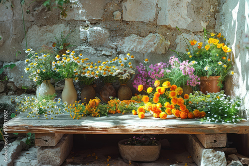 a corner of the garden or terrace with a wooden table on which various vases of flowers are placed. A riot of color is created by daisies, pink and orange flowers, presumably calendulas and asters. photo