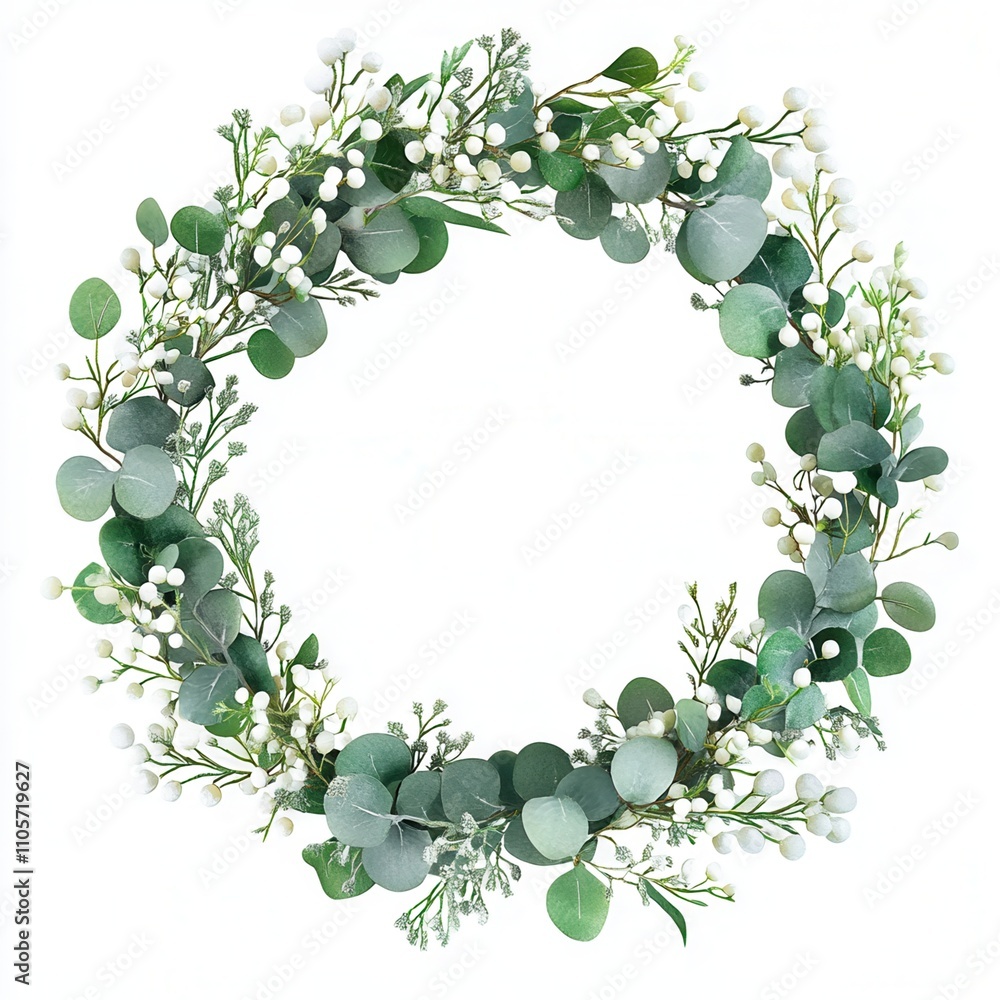 Elegant green and white wreath with eucalyptus leaves and berries. Elegant green and white wreath with eucalyptus leaves and berries.