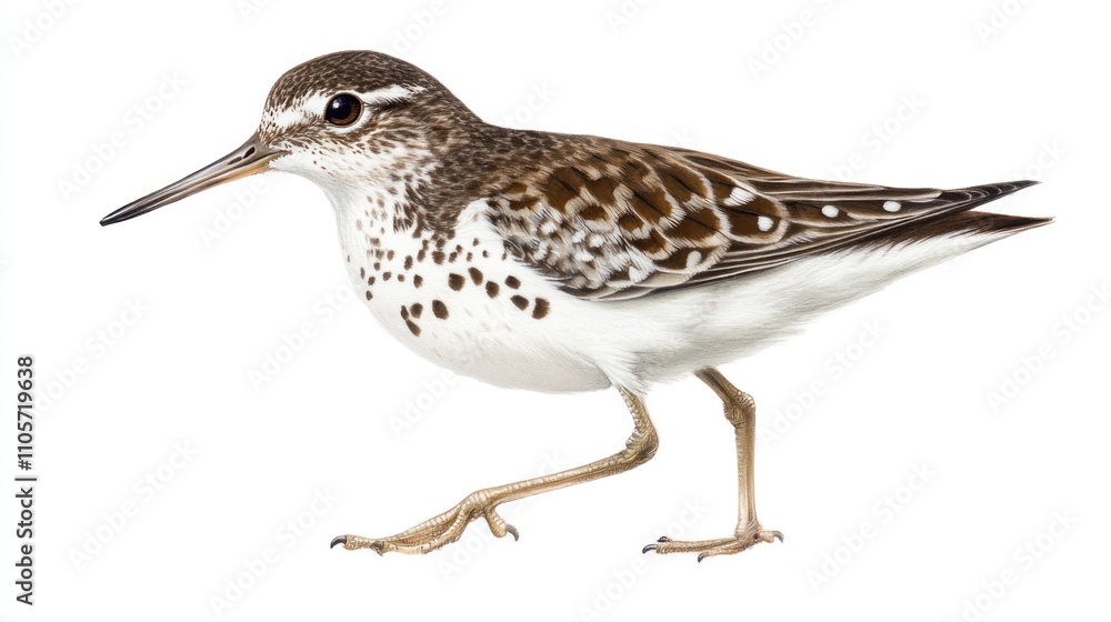 Detailed Illustration of a Spotted Sandpiper Walking on the Ground, Showcasing Unique Feather Patterns, Colors, and Distinctive Features in a Natural Pose