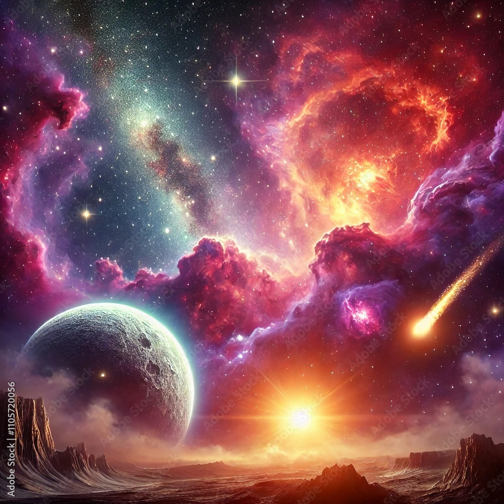Obraz premium An awe-inspiring cosmic scene featuring a massive glowing nebula in vibrant shades of orange, pink, and purple, with a distant star cluster sparkling