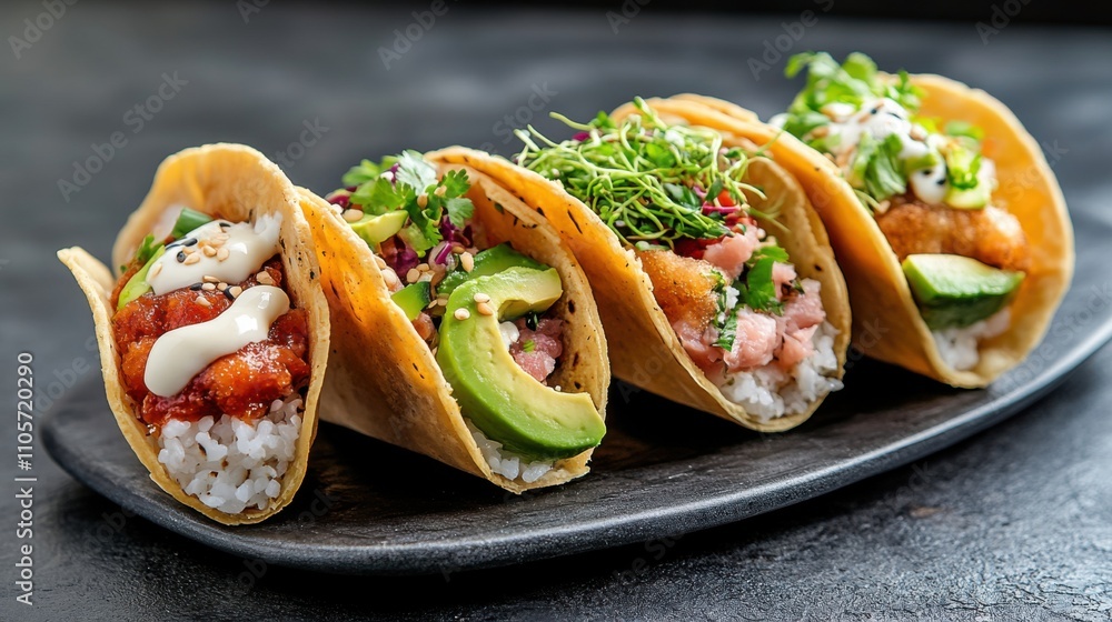 A colorful platter of soft tacos filled with fresh ingredients, including avocado, meat, and toppings, presented on a dark surface. A colorful platter of soft tacos filled with fresh ingredients, including avocado, meat, and toppings, presented on a dark surface.
