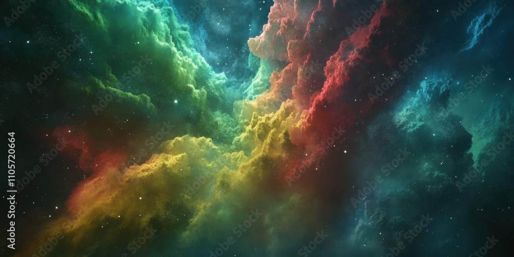 A vibrant cloud formation displays shades of green, red, and yellow against a black background. The colorful hues create a captivating visual effect that evokes a sense of wonder. A vibrant cloud formation displays shades of green, red, and yellow against a black background. The colorful hues create a captivating visual effect that evokes a sense of wonder.