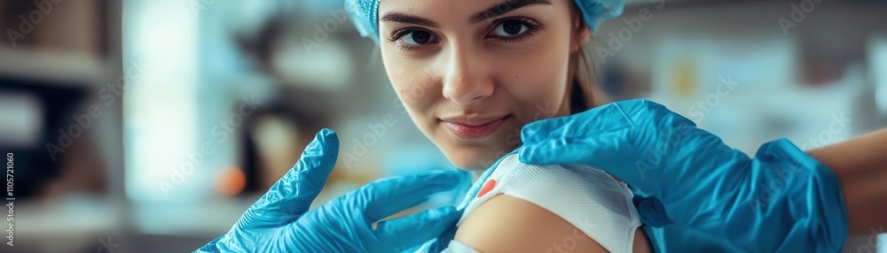 Pediatric nurse applying a fun bandage to child s arm, bright and caring setting Pediatric nurse applying a fun bandage to child s arm, bright and caring setting