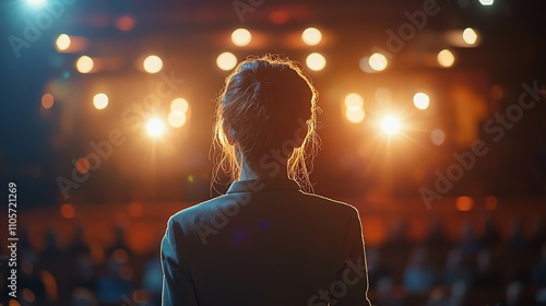 Professionals pitching ideas during a seminar, stage lights glowing, audience blurred, overtheshoulder framing photo