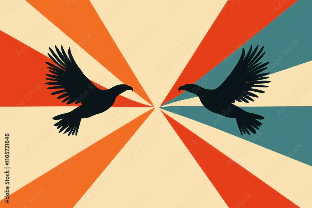 Fototapeta premium Dynamic avian interaction in vibrant geometric design digital art abstract environment creative perspective eye-catching concept