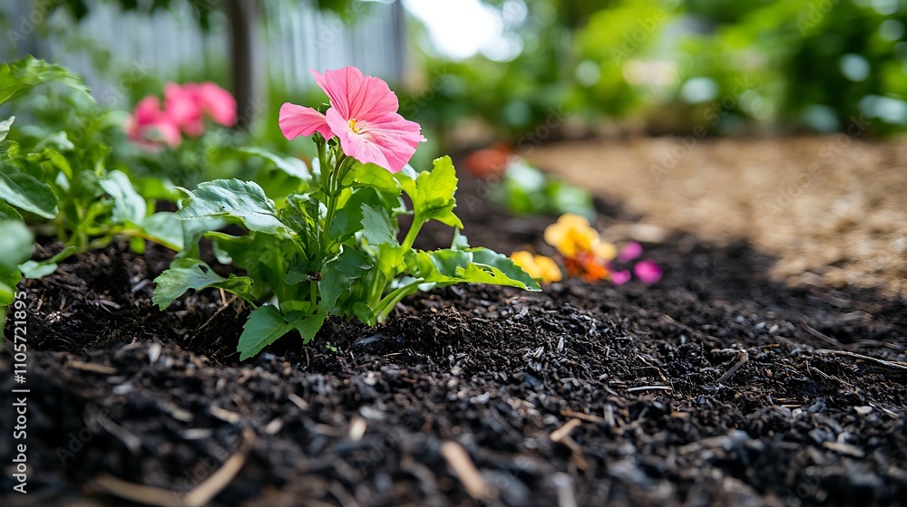 A close-up of organic blossoms growing in a garden, surrounded by eco-friendly mulch and healthy soil. A close-up of organic blossoms growing in a garden, surrounded by eco-friendly mulch and healthy soil.