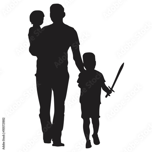 silhouette of a father walking with a child holding a sword and carrying younger children in his arms