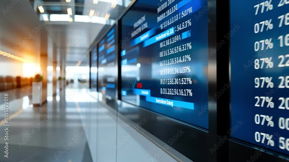Close-up of a financial display board showing stock prices and market trends in a modern office environment. Close-up of a financial display board showing stock prices and market trends in a modern office environment.