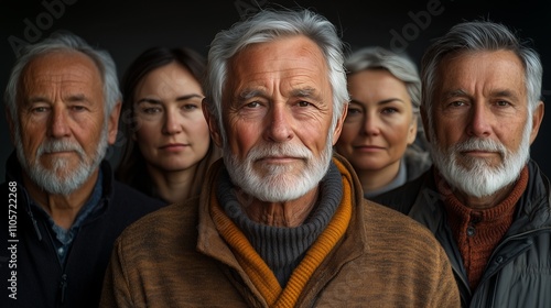 A diverse group of five individuals with gray hair and beards poses together against a dark backdrop, showcasing camaraderie and warmth