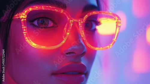 Close-Up Portrait of a Young Woman with Neon Glasses in a Vibrant and Futuristic Setting Emitting Colorful Light and Creating a Captivating Atmosphere