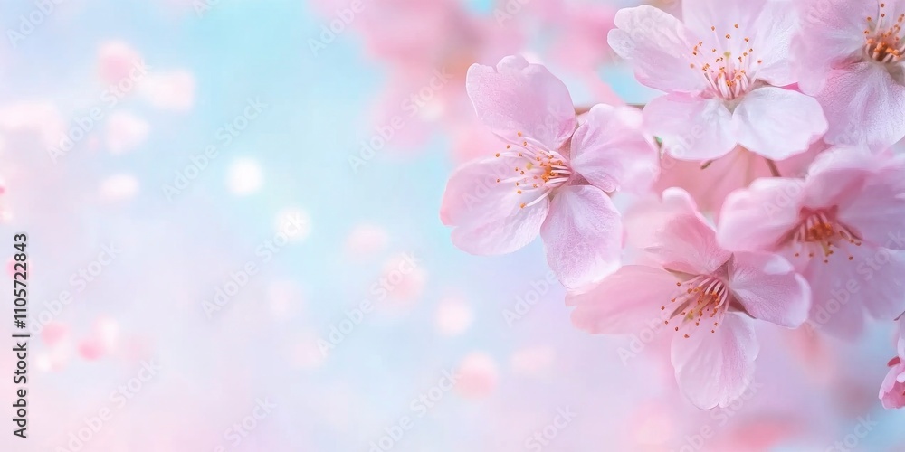 Cherry blossoms, a pastel pink and blue background, a banner with a copy space area. Cherry blossoms, a pastel pink and blue background, a banner with a copy space area.