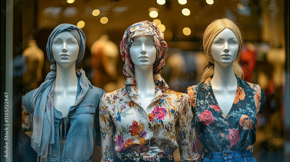 Fototapeta premium Three Mannequins Displaying Summer Fashion Apparel