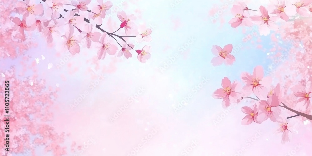 Cherry blossoms, a pastel pink and blue background, a banner with a copy space area. Cherry blossoms, a pastel pink and blue background, a banner with a copy space area.