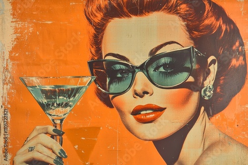 A retro-style drawing of a woman with a cocktail.