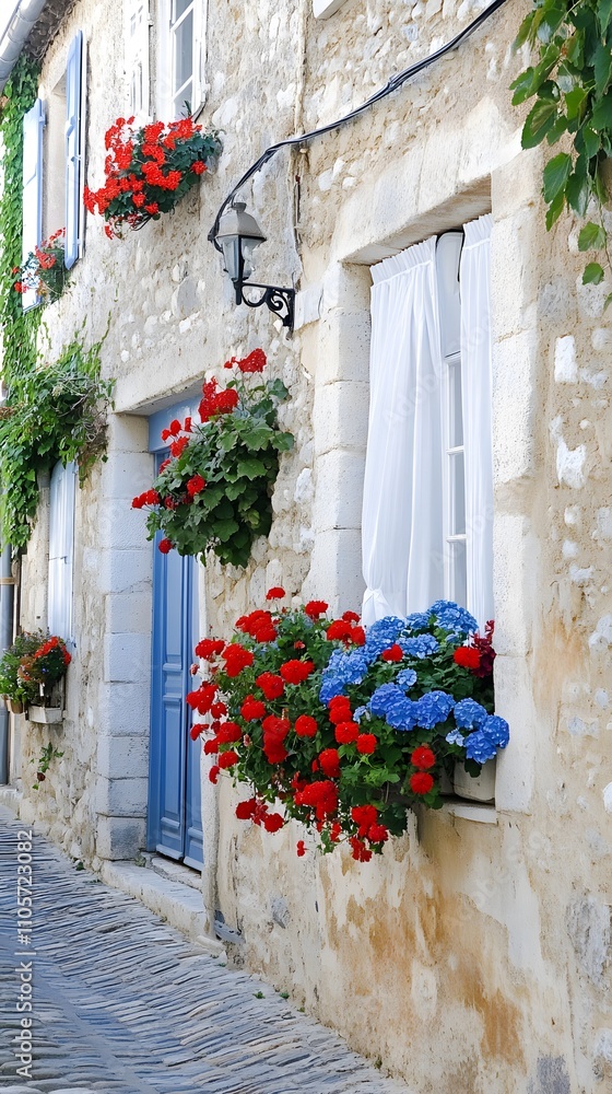 Naklejka premium A window box filled with blue agapanthus and red geraniums adorns the stone wall of an old French country cottage