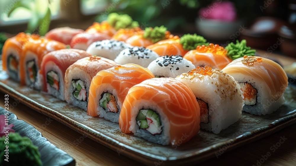 Sushi rolls, featuring various fillings and toppings, displayed on a rectangular plate. Sushi rolls, featuring various fillings and toppings, displayed on a rectangular plate.