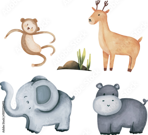 Photography Watercolor safari animals for invitation card, nursery poster
