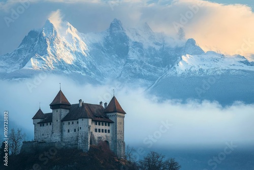 Wallpaper Mural This enchanting fairytale castle, nestled beneath towering snow-capped peaks and surrounded by dense mist, offers a breathtaking blend of fantasy and natural beauty. Torontodigital.ca