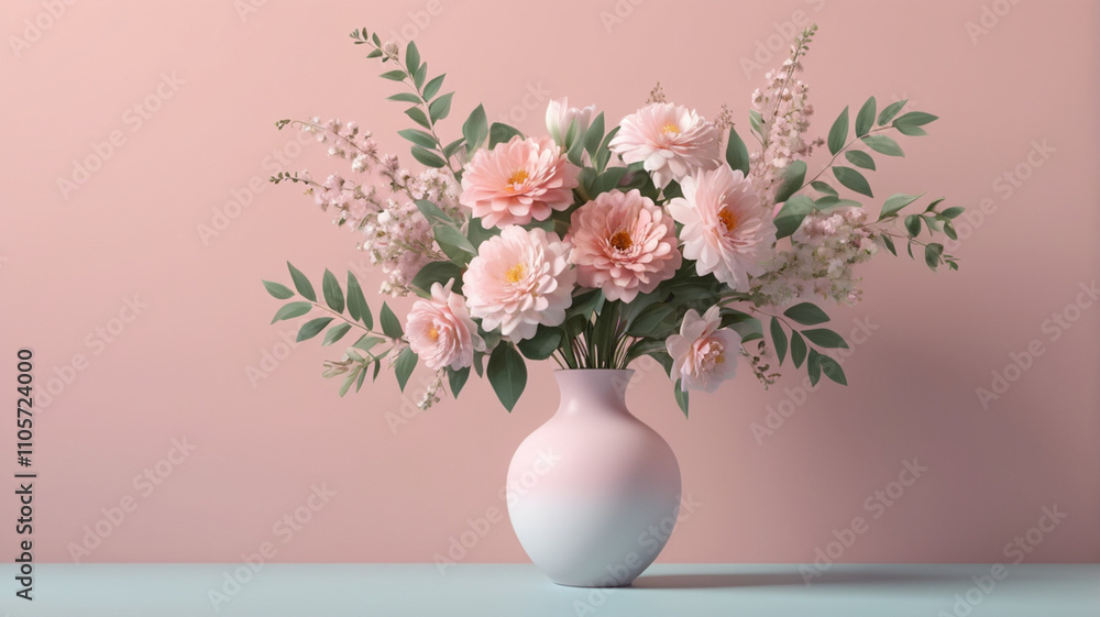A pink pastel background with a delicate vase of pink roses, exuding a serene, elegant vibe. A pink pastel background with a delicate vase of pink roses, exuding a serene, elegant vibe.