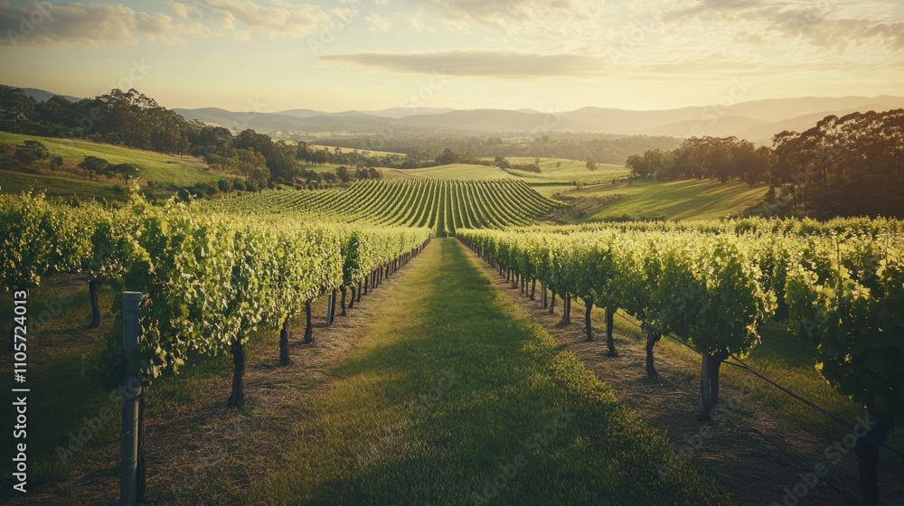 Fototapeta premium Serene Vineyard Landscape at Golden Hour with Lush Green Rows and Rolling Hills Under Soft Cloudy Sky