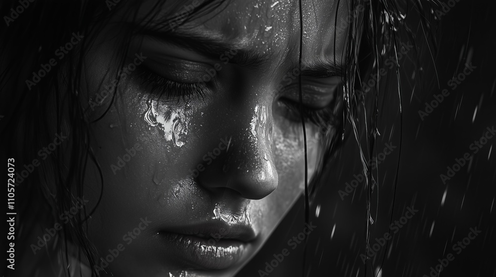 A young woman stands with a pained expression, rain softly cascading down her face in a dimly lit setting, conveying deep emotion A young woman stands with a pained expression, rain softly cascading down her face in a dimly lit setting, conveying deep emotion