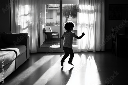 A mesmerizing silhouette of a child dancing gracefully in a sunlit living room, capturing a moment full of joy, freedom, and life against the light, soft curtains. photo