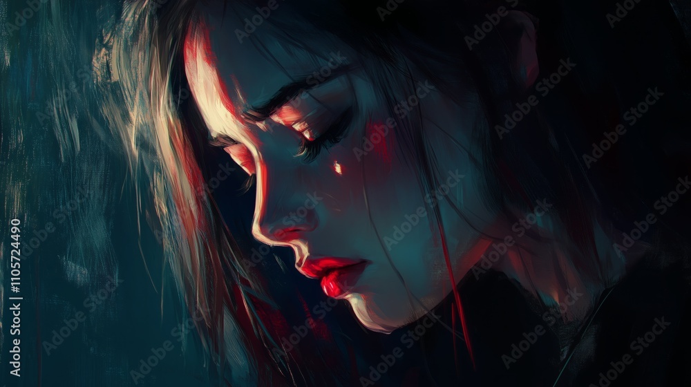 A close-up of a contemplative woman with long dark hair, reflecting deep emotions in a dimly lit setting at twilight A close-up of a contemplative woman with long dark hair, reflecting deep emotions in a dimly lit setting at twilight