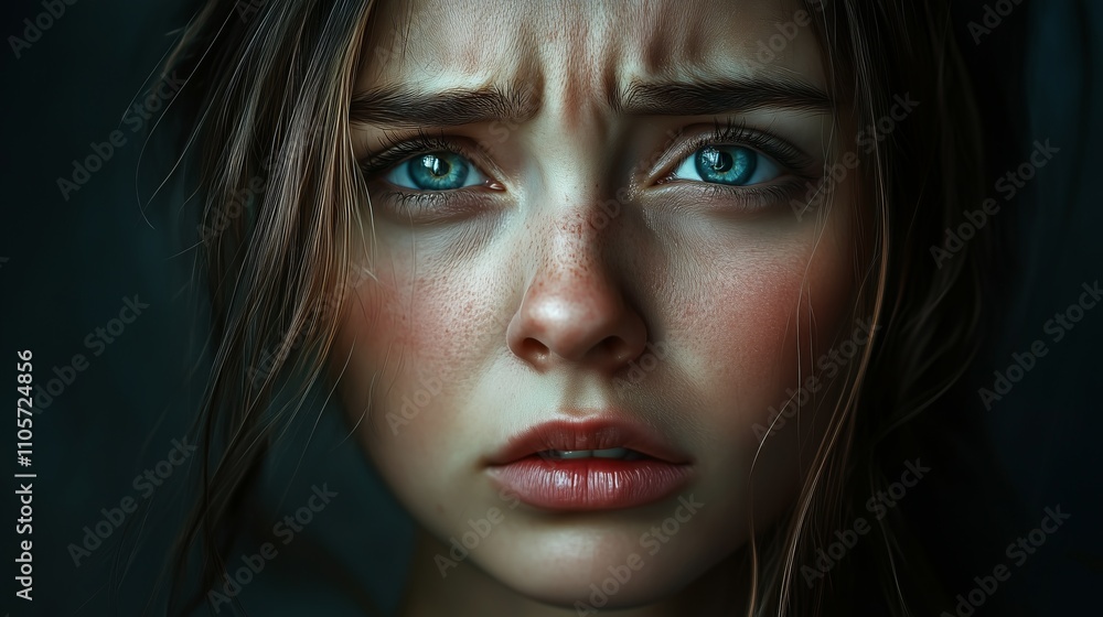 A young girl with striking blue eyes shows an expression of deep emotion against a dark background during twilight A young girl with striking blue eyes shows an expression of deep emotion against a dark background during twilight