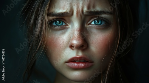 Wallpaper Mural A young girl with striking blue eyes shows an expression of deep emotion against a dark background during twilight Torontodigital.ca