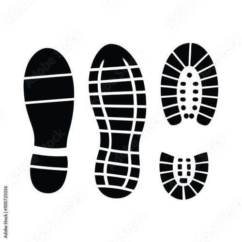 Three shoe prints are shown on a white background. The leftmost print is the largest and has a black sole